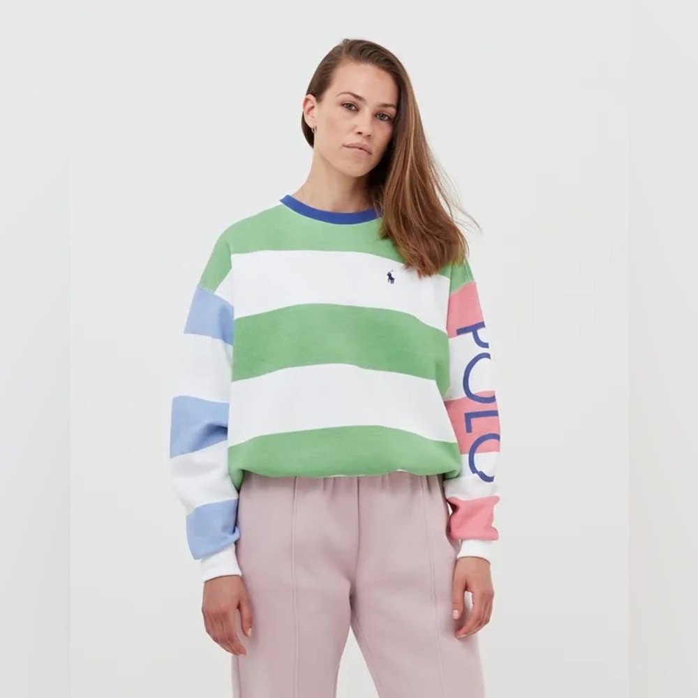 Polo Ralph Lauren Spellout Sweatshirt Women’s Rugby Color Block Green Pink Blue